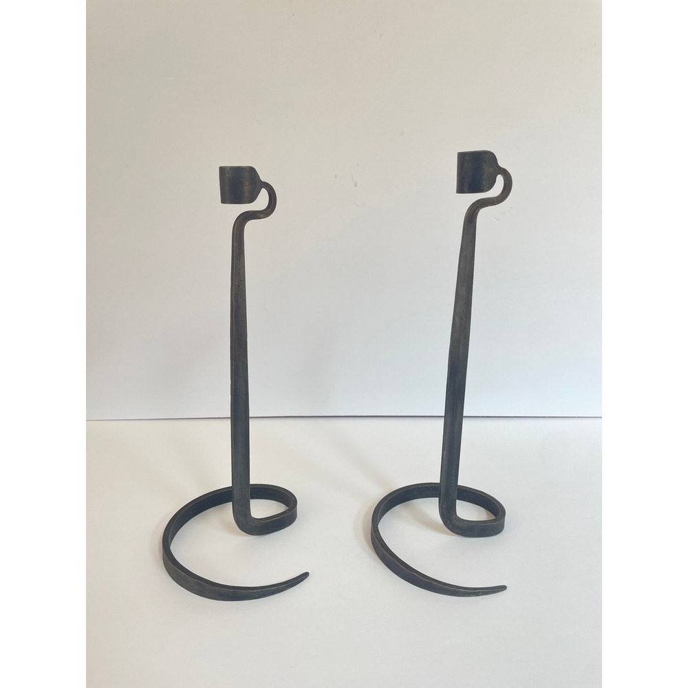 L. Cloutier 1981 Wrought Iron Brutalist Spiral Taper Candle Holders Pair 11"